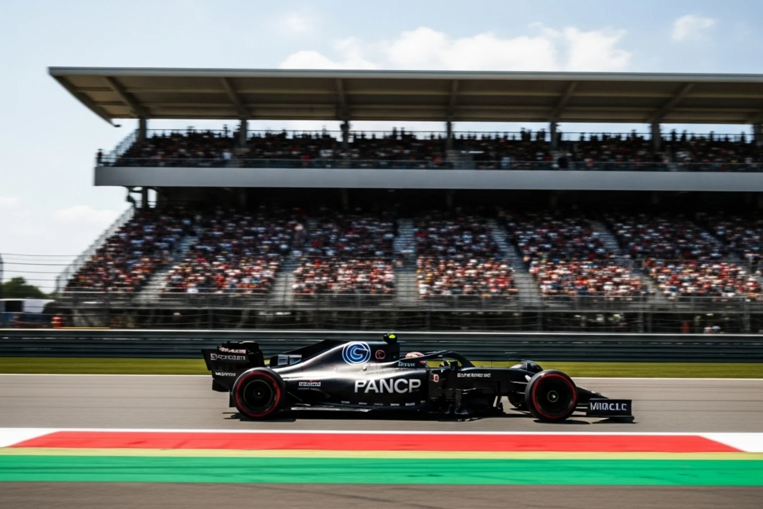 Formel 1 Rennwagen auf der Strecke bei einem Grand Prix mit Zuschauertribüne