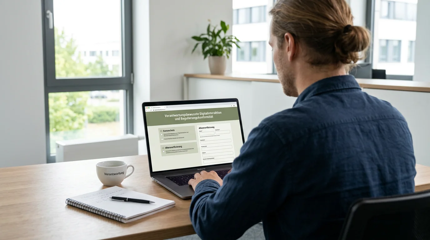 Person am Laptop mit deutscher Glücksspielregulierungs-Webseite auf dem Bildschirm in einer Büroumgebung